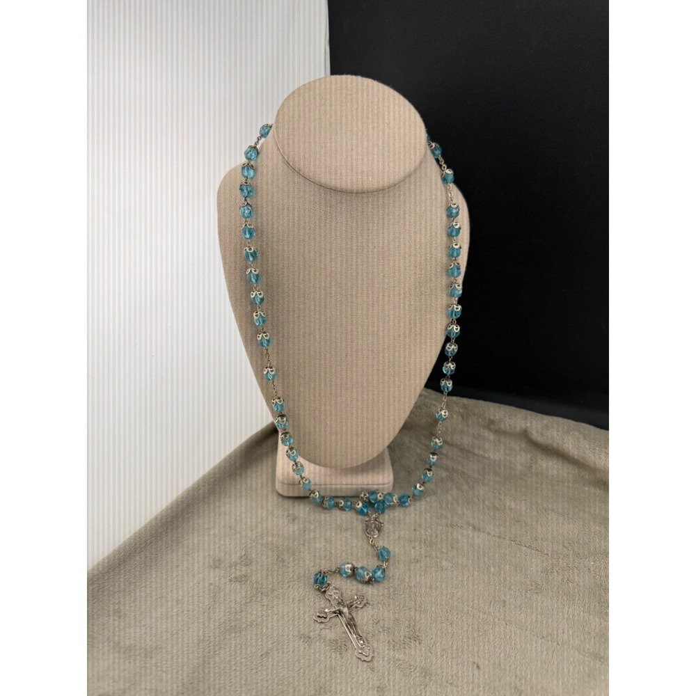 Vintage Estate Rosary Necklace Aqua Blue Glass Rhinestone Italy 30in